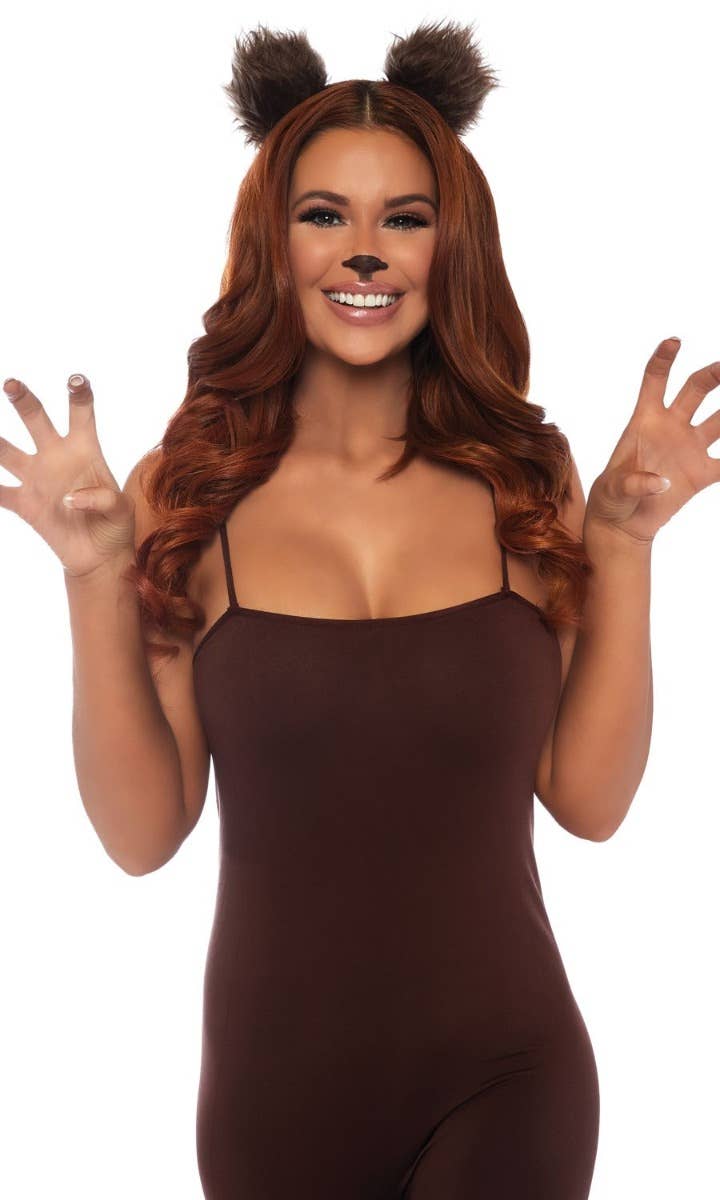 Women's Furry Brown Bear Costume Ears On Headband Animal Themed Costume Accessory Alternative Image