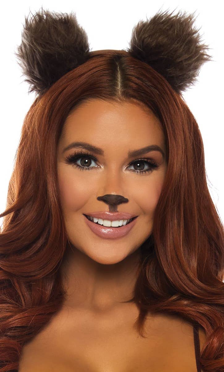 Women's Furry Brown Bear Costume Ears On Headband Animal Themed Costume Accessory Main Image