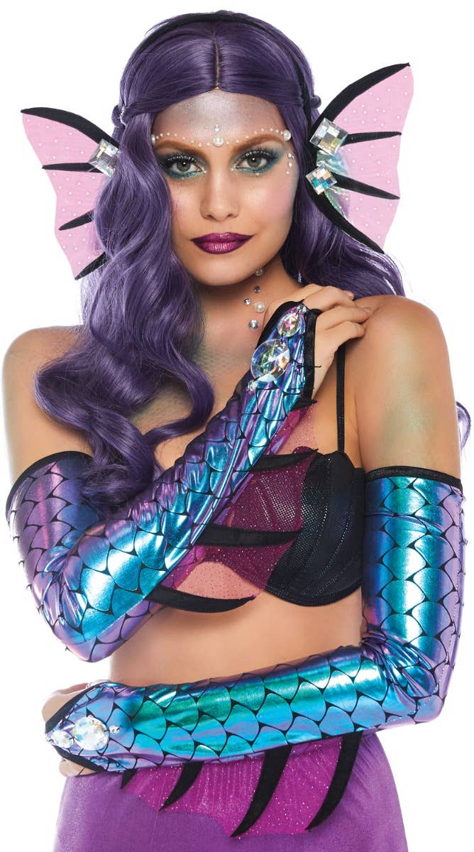 Women's Black Purple And Blue Iridescent Dark Mermaid Halloween Costume Accessory Kit With Headband And Gloves Main Image