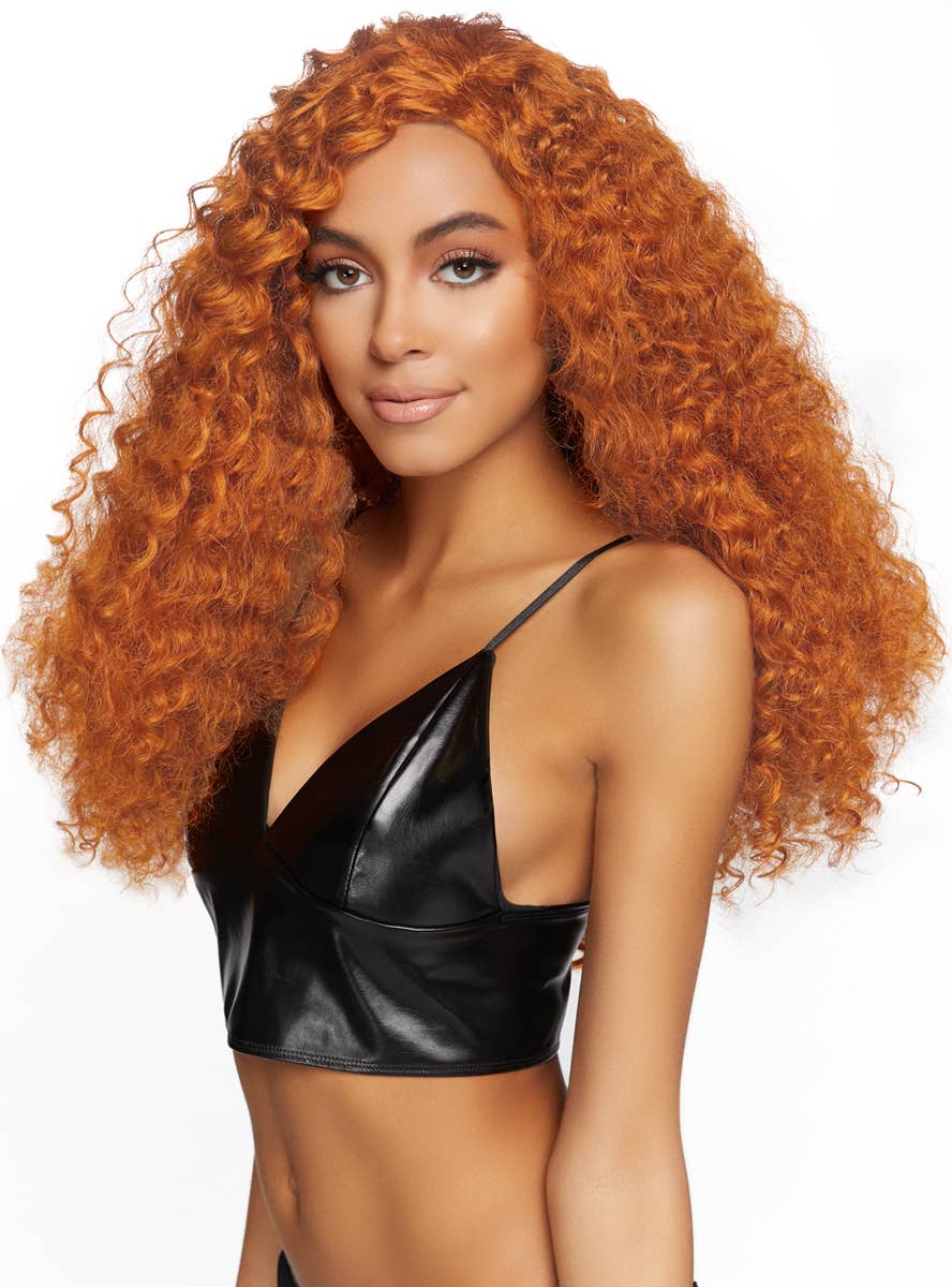 Women's Long Curly Ginger Auburn Red Costume Wig Front View