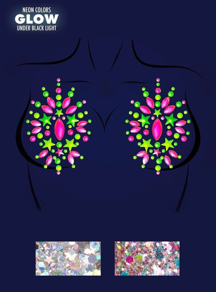 Pink and Green UV Reactive Stick On Nipple Gems with Glitter - Alternate Image 1