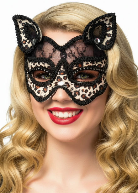 Black Lace and Leopard Print Velvet Cat Face Masquerade Mask - main image