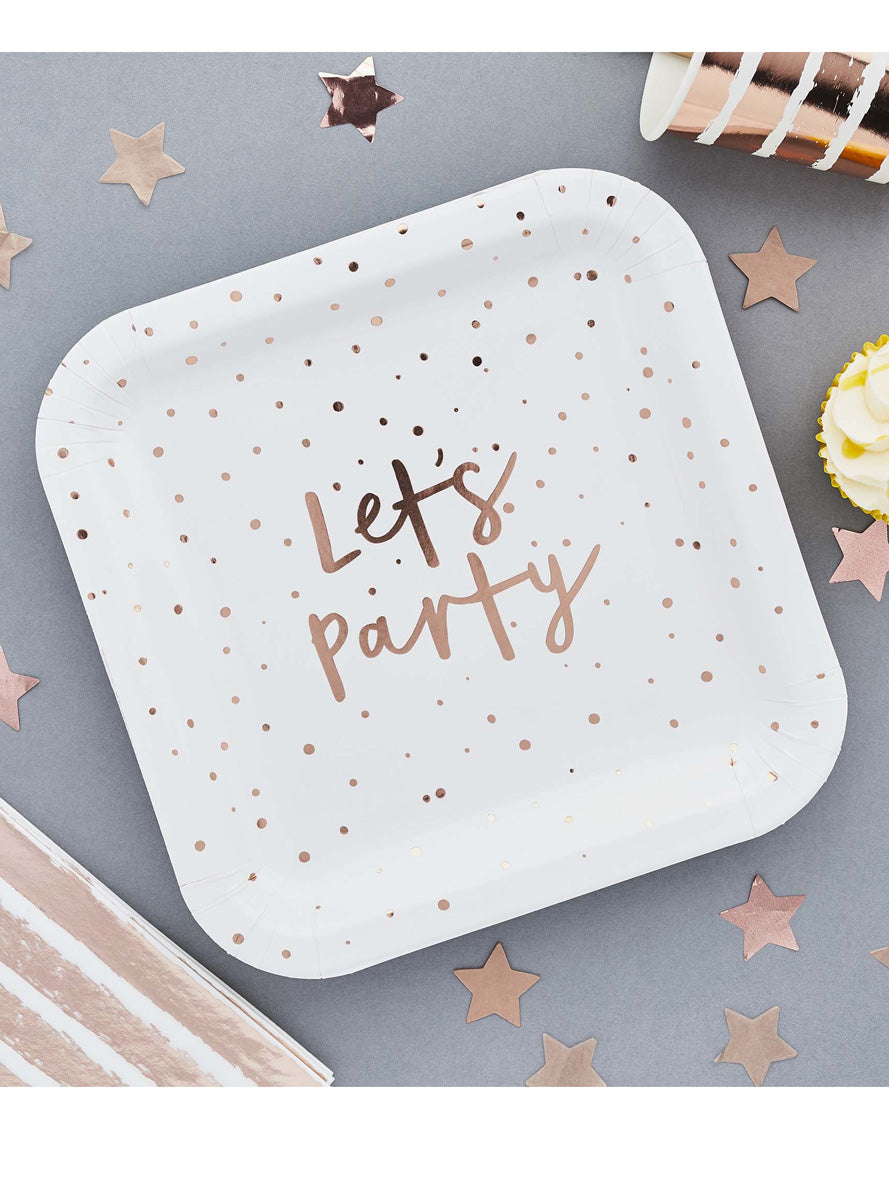 Lets Party Rose Gold Dot 8 Pack 23cm Square Paper Plates – Lifestyle Image