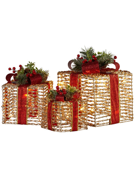 Light Up Champagne Colour Christmas Gift Decoration Set With Red Bows 3 Piece - Main Image