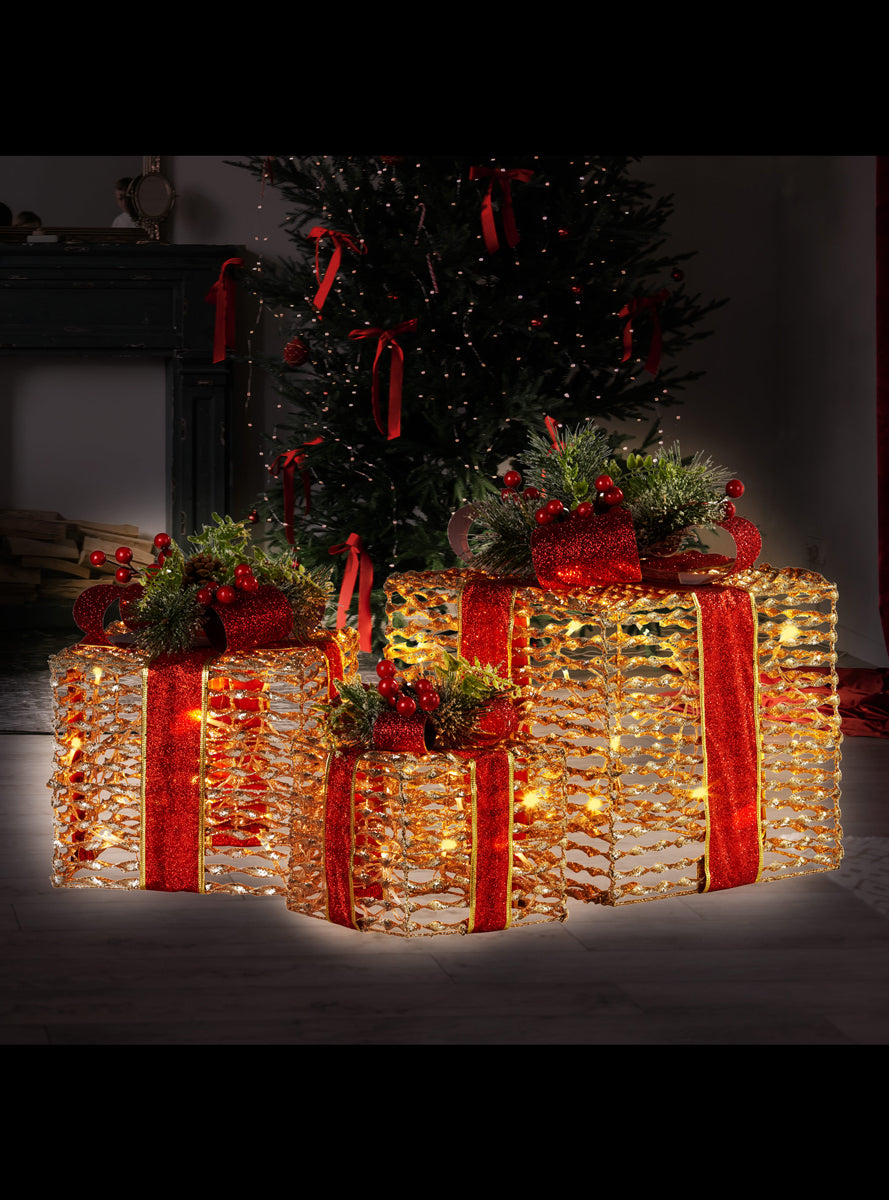 Light Up Champagne Colour Christmas Gift Decoration Set With Red Bows 3 Piece - Alternate Image
