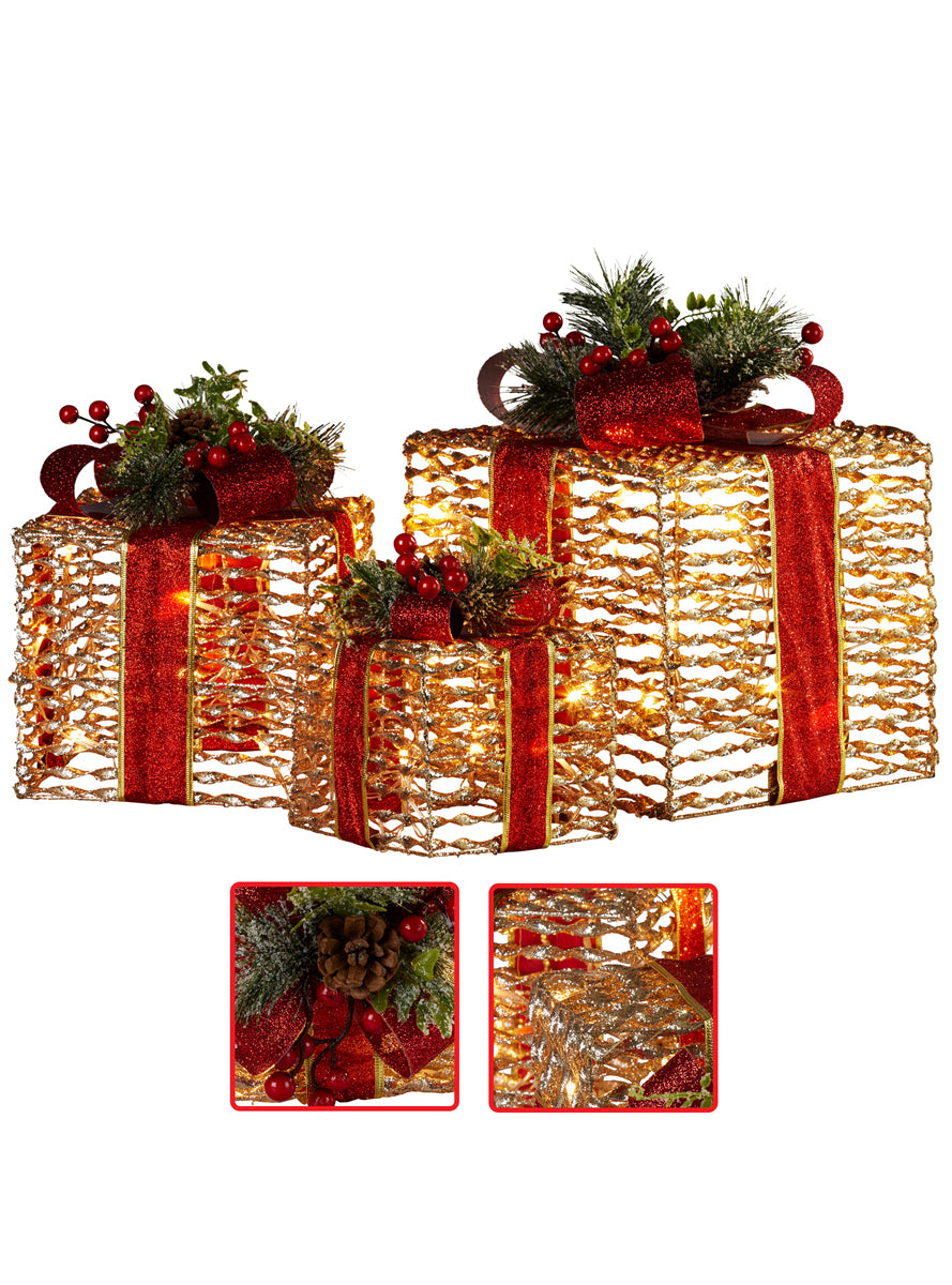 Light Up Champagne Colour Christmas Gift Decoration Set With Red Bows 3 Piece - Close Image 1