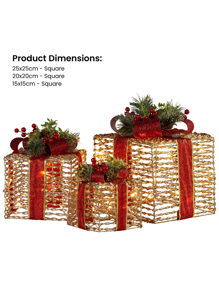 Light Up Champagne Colour Christmas Gift Decoration Set With Red Bows 3 Piece - Dimensions Image