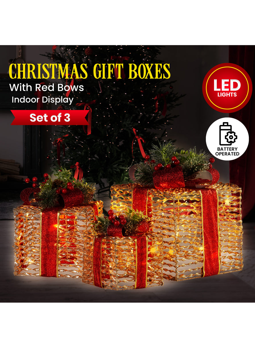 Light Up Champagne Colour Christmas Gift Decoration Set With Red Bows 3 Piece - Info Image 1
