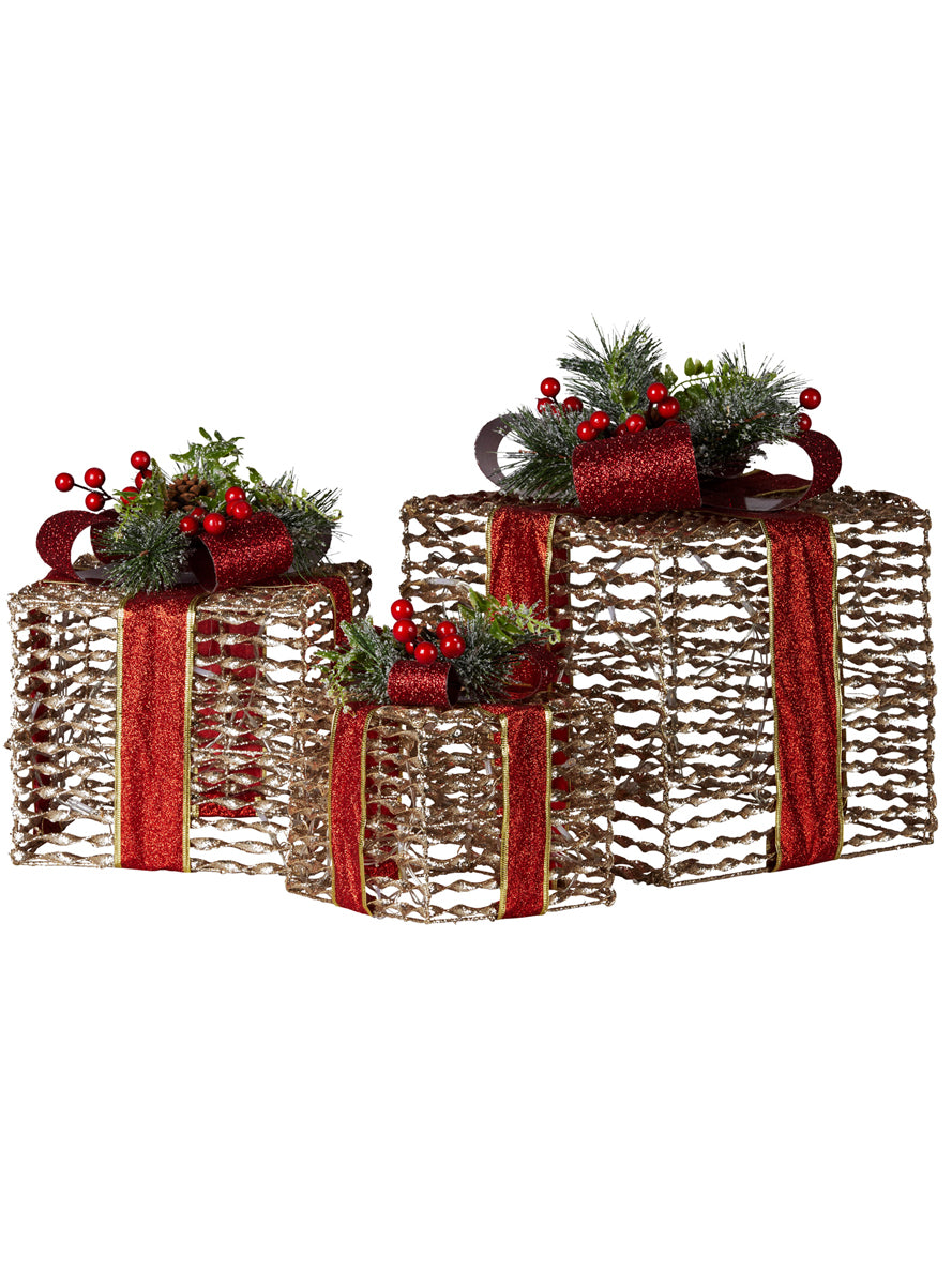 Light Up Champagne Colour Christmas Gift Decoration Set With Red Bows 3 Piece - Unlit Image