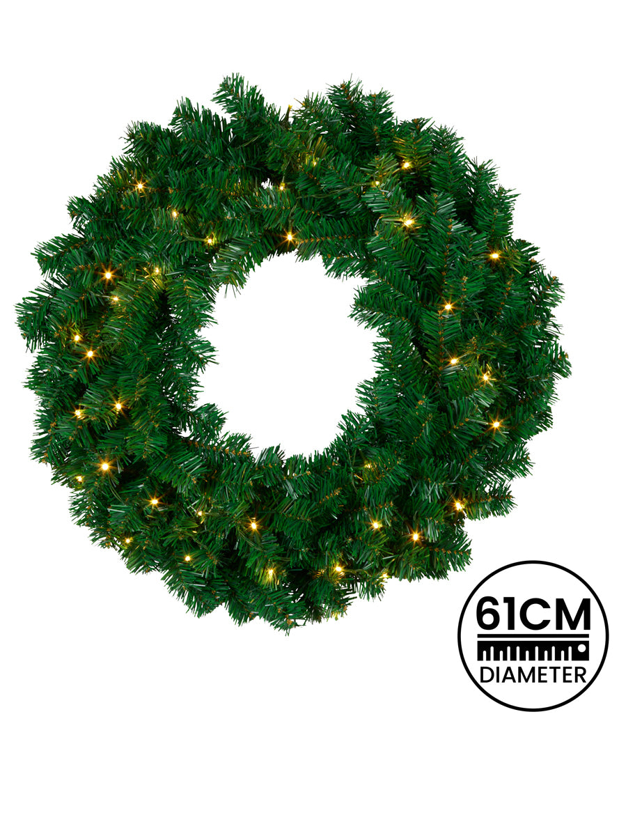 Light Up Chadwick Green Christmas Wreath 61cm - Dimensions Image