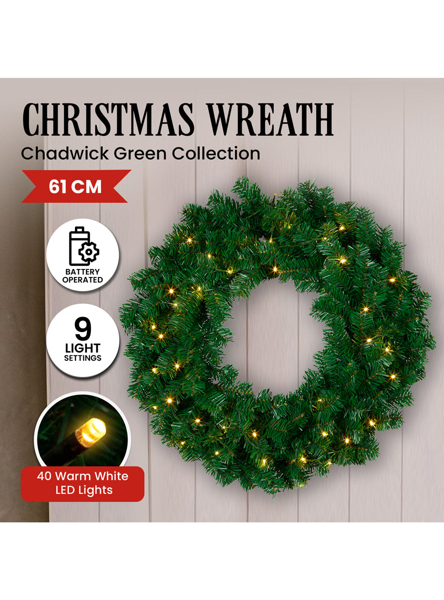 Light Up Chadwick Green Christmas Wreath 61cm - Info Image 1