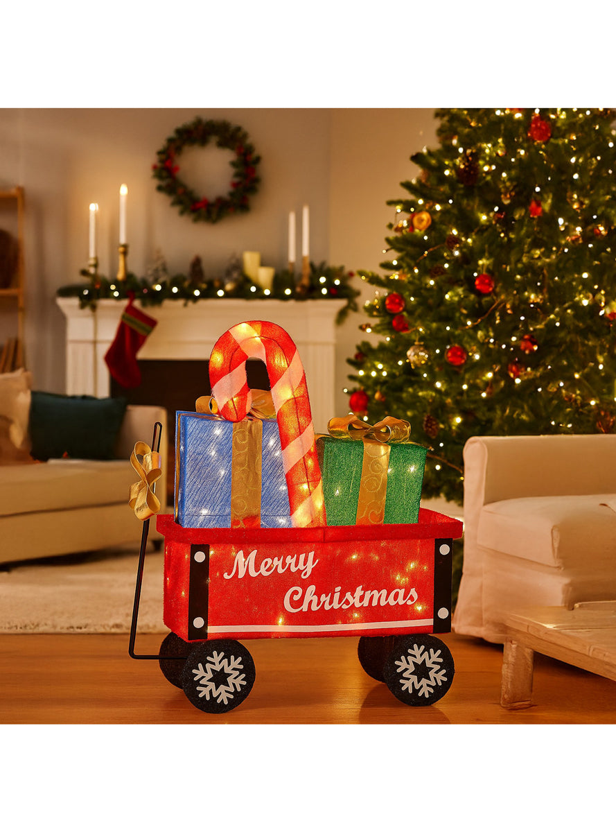 Light Up LED Christabelle Candy Cane and Present Cart Christmas Decoration - Illuminated Lifestyle Image