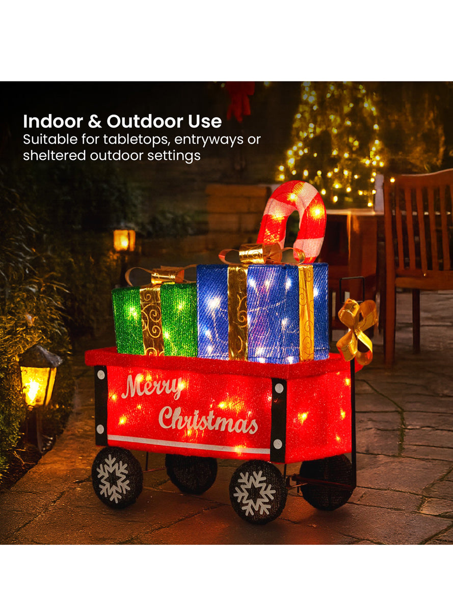 Light Up LED Christabelle Candy Cane and Present Cart Christmas Decoration - Indoor Outdoor Details Image