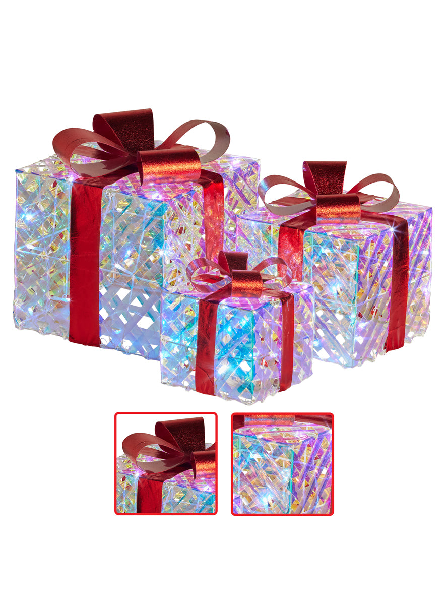 Light Up Clear Iridescent Christmas Gift Boxes With Red Bows 3 Piece - Close Image