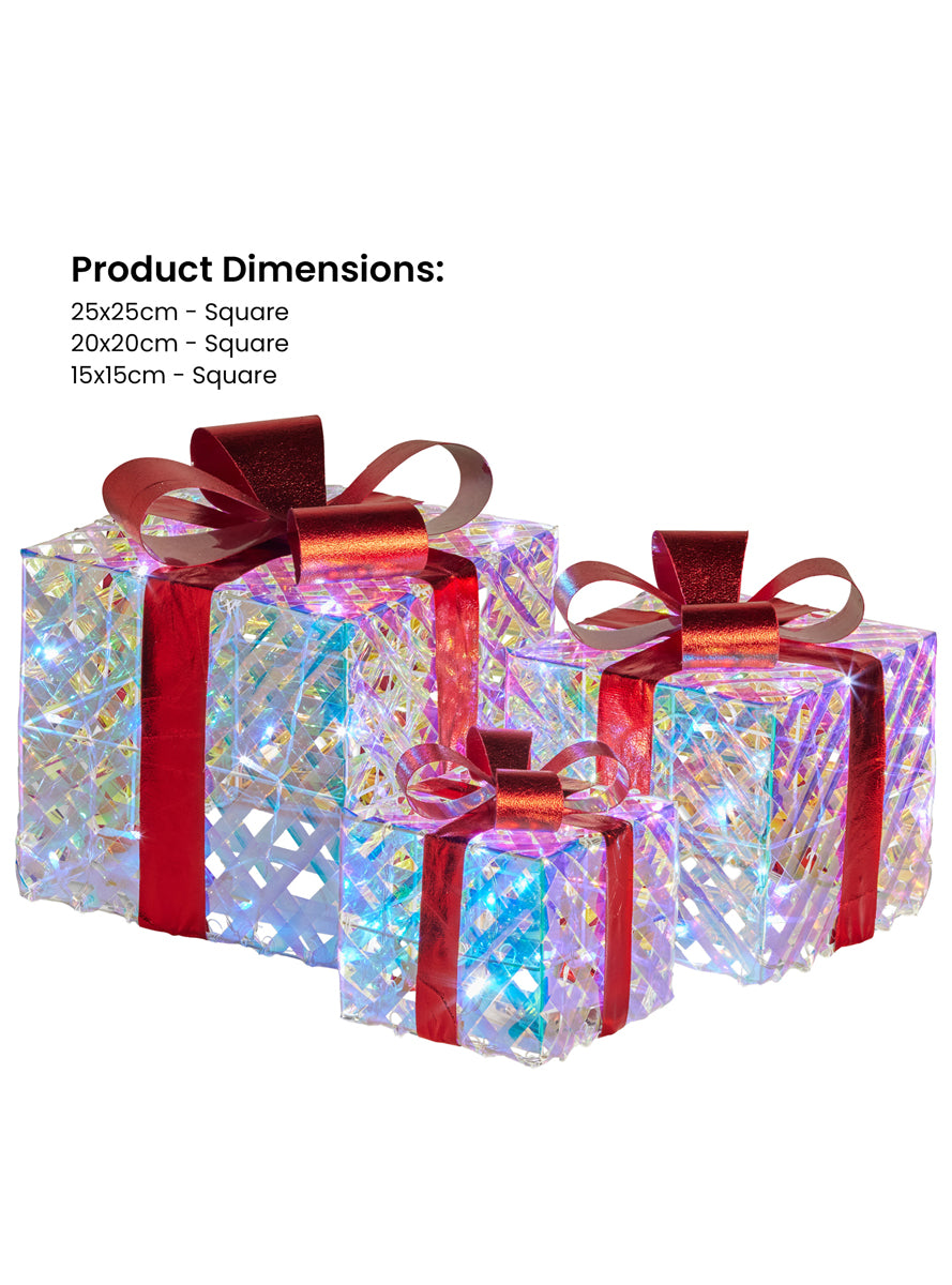 Light Up Clear Iridescent Christmas Gift Boxes With Red Bows 3 Piece - Dimensions Image