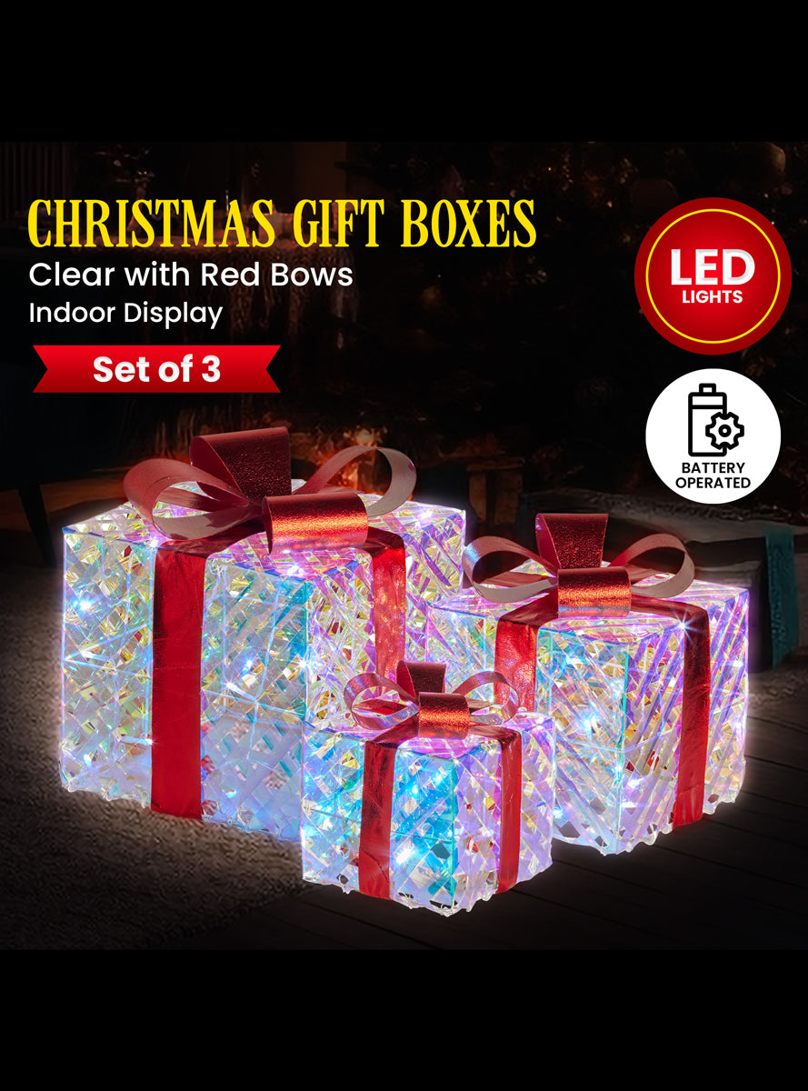 Light Up Clear Iridescent Christmas Gift Boxes With Red Bows 3 Piece - Info Image 1