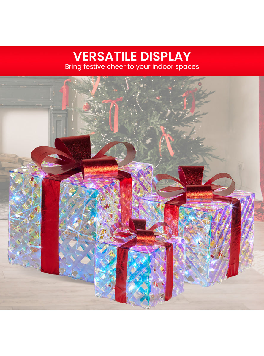 Light Up Clear Iridescent Christmas Gift Boxes With Red Bows 3 Piece - Info Image 2