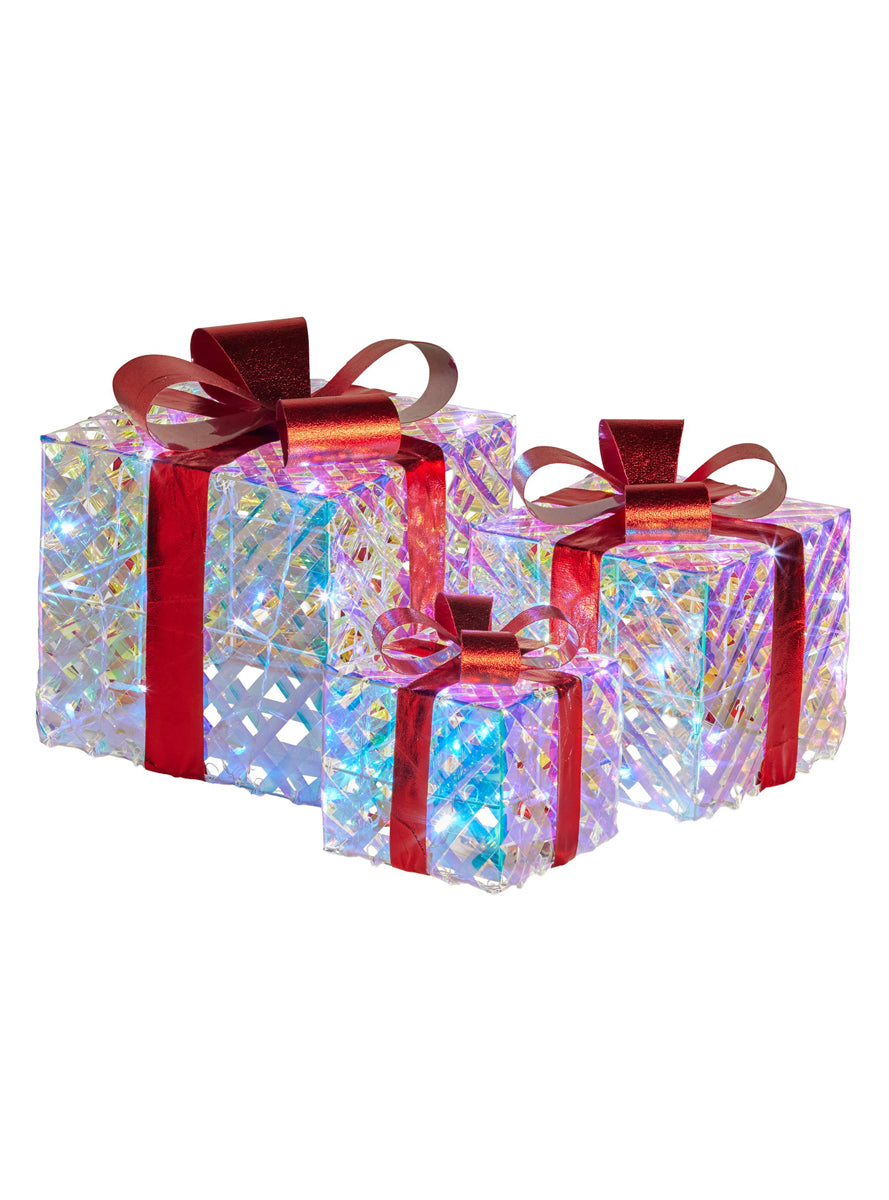 Light Up Clear Iridescent Christmas Gift Boxes With Red Bows 3 Piece - Main Image
