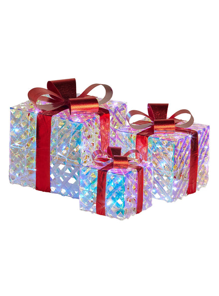 Light Up Clear Iridescent Christmas Gift Boxes With Red Bows 3 Piece - Main Image