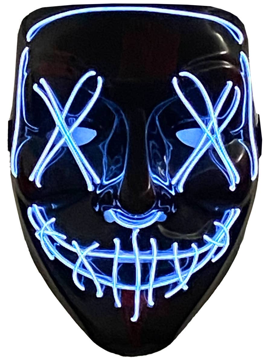 Image of Light Up Neon Blue Purge Mask Halloween Accessory - Light On Image
