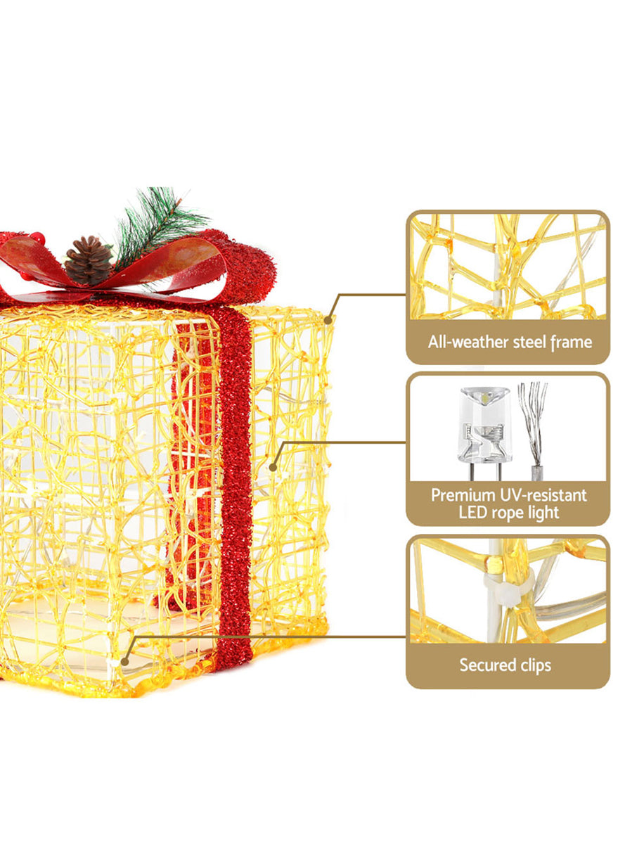 Light Up Jingle Jollys 3 Piece Red Bow Gold Gift Box Christmas Decorations - Details Image 2