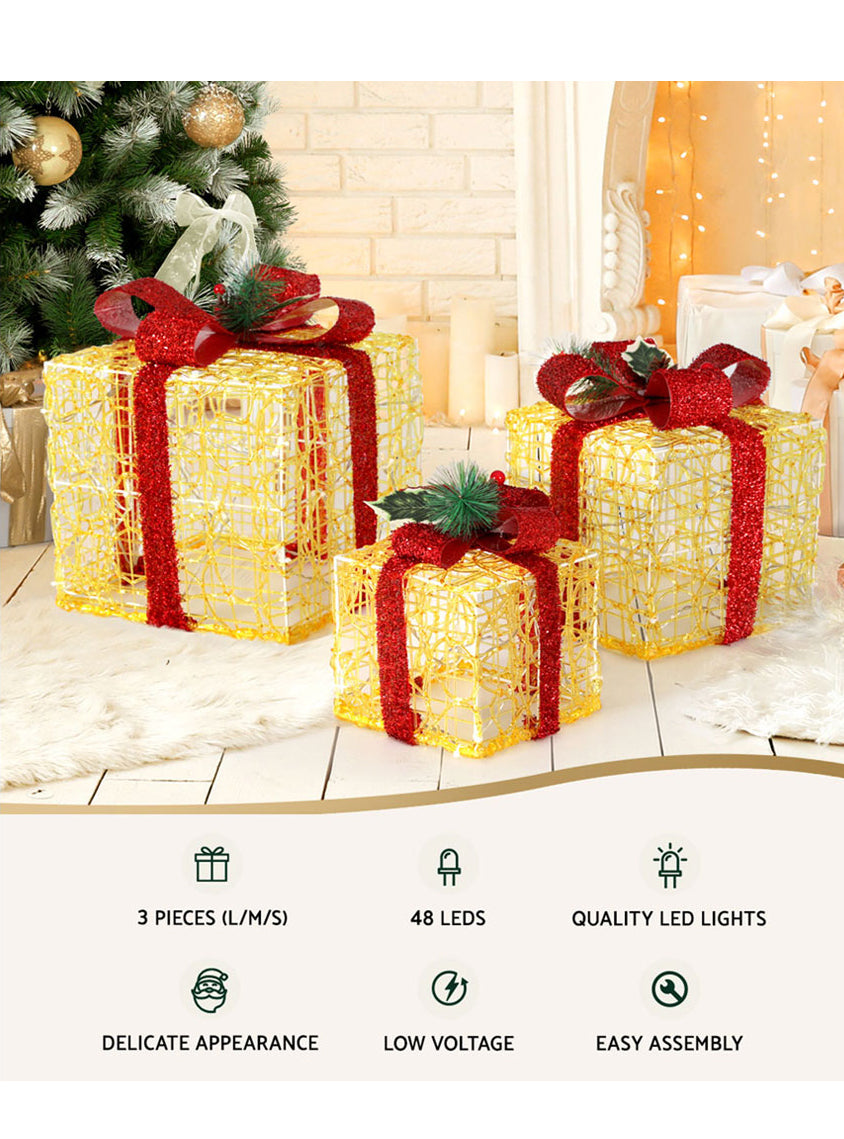 Light Up Jingle Jollys 3 Piece Red Bow Gold Gift Box Christmas Decorations - Details Image