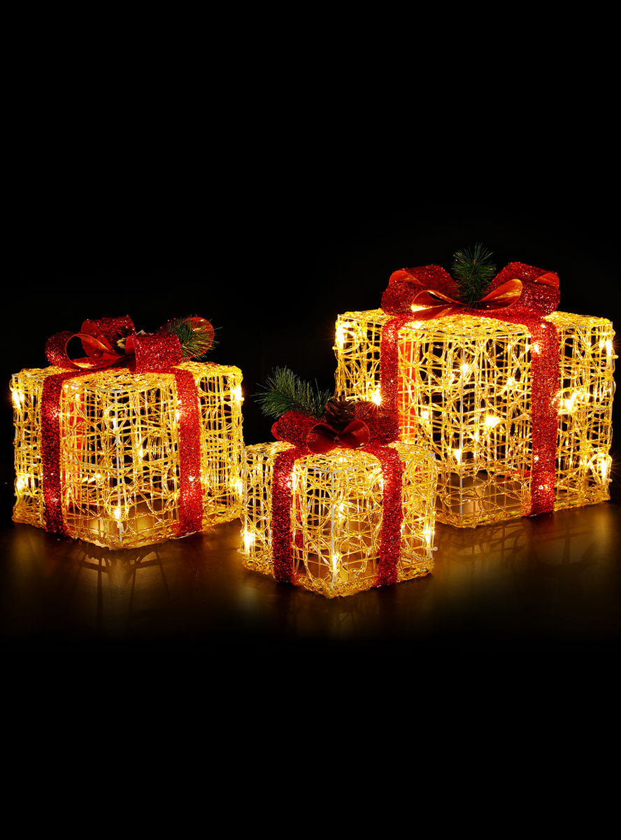 Light Up Jingle Jollys 3 Piece Red Bow Gold Gift Box Christmas Decorations - Lights Image