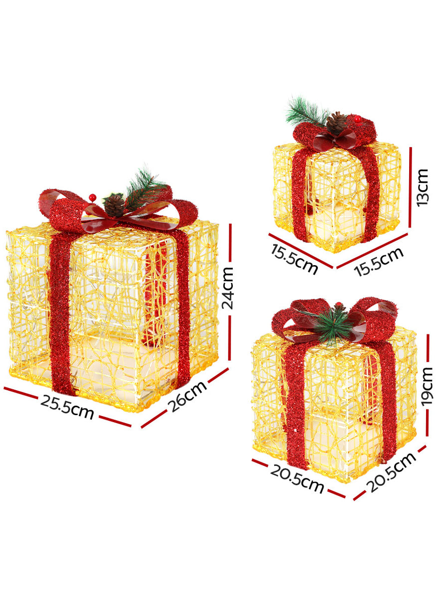 Light Up Jingle Jollys 3 Piece Red Bow Gold Gift Box Christmas Decorations - Measurements Image