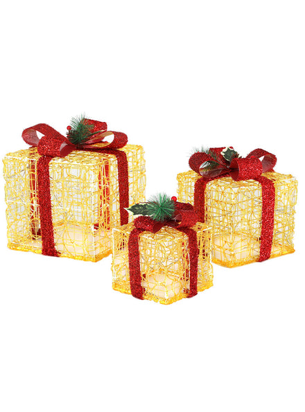 Light Up Jingle Jollys 3 Piece Red Bow Gold Gift Box Christmas Decorations - Main Image