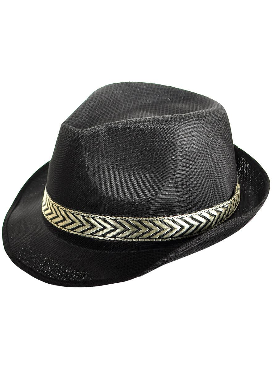 Image of Woven Black Fedora Costume Hat with Gold Band - Main Image