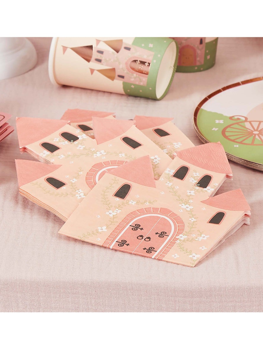 Little Princess 16 Pack Pink Castle Shaped Napkins - Lifestyle Image