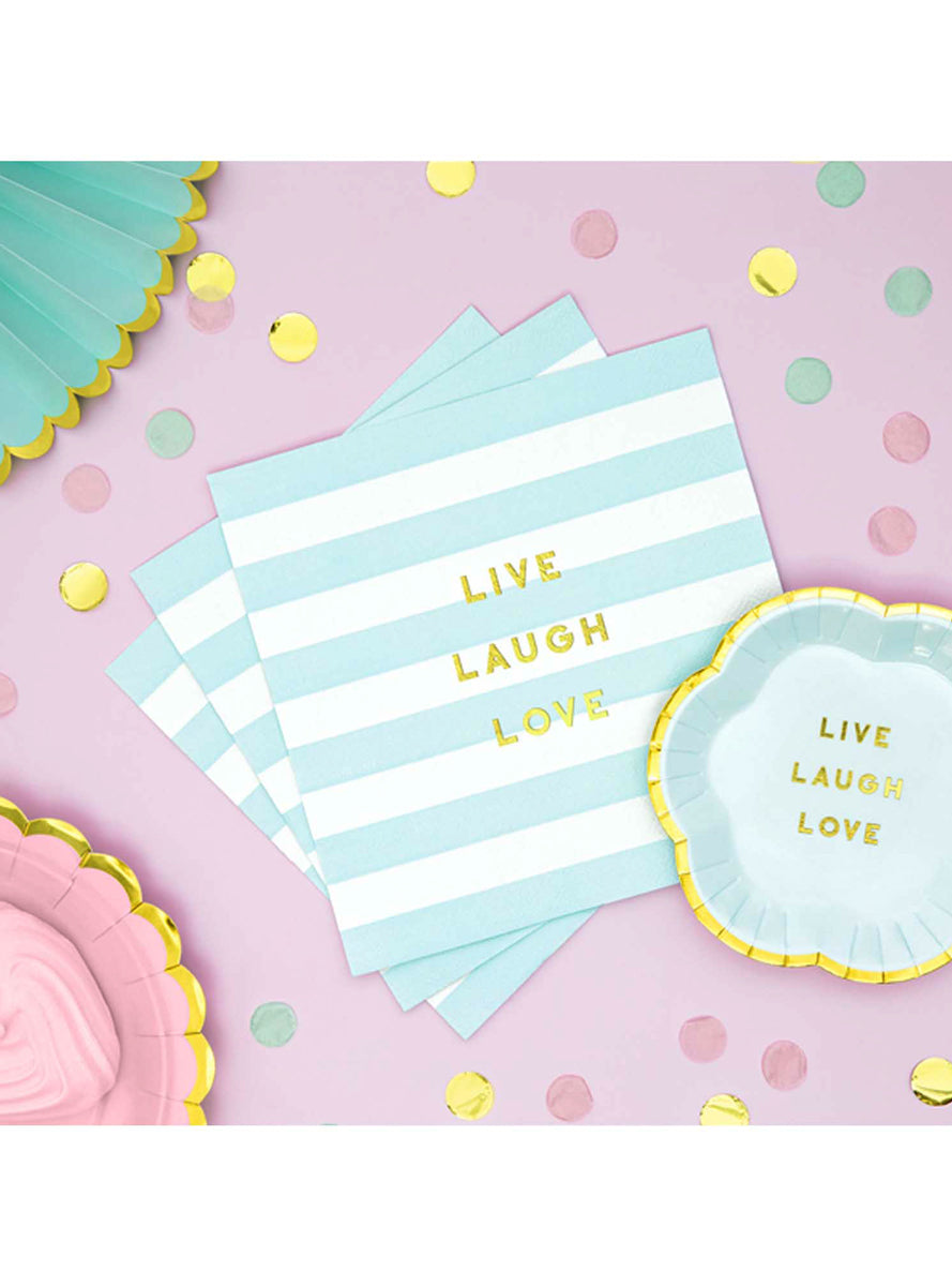 Live Laugh Love 20 Pack Blue and White Striped Lunch Napkins - Lifestyle Image 2