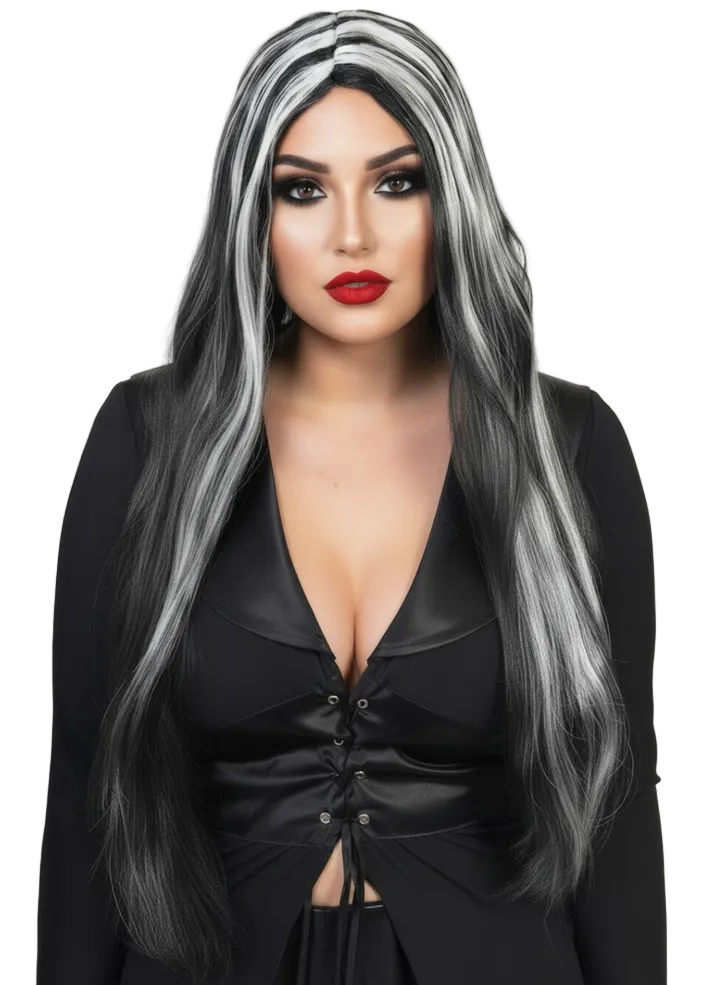 Streaked Black and White Womens Halloween Costume Wig - Main Image