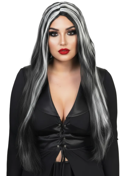 Streaked Black and White Womens Halloween Costume Wig - Main Image
