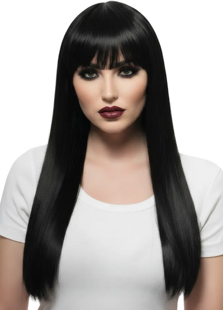 Womens Jet Black Long Straight Fashion Wig with Fringe and Skin Top - Main Image