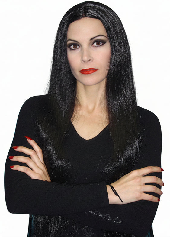 Womens Long Black Morticia Halloween Costume Wig