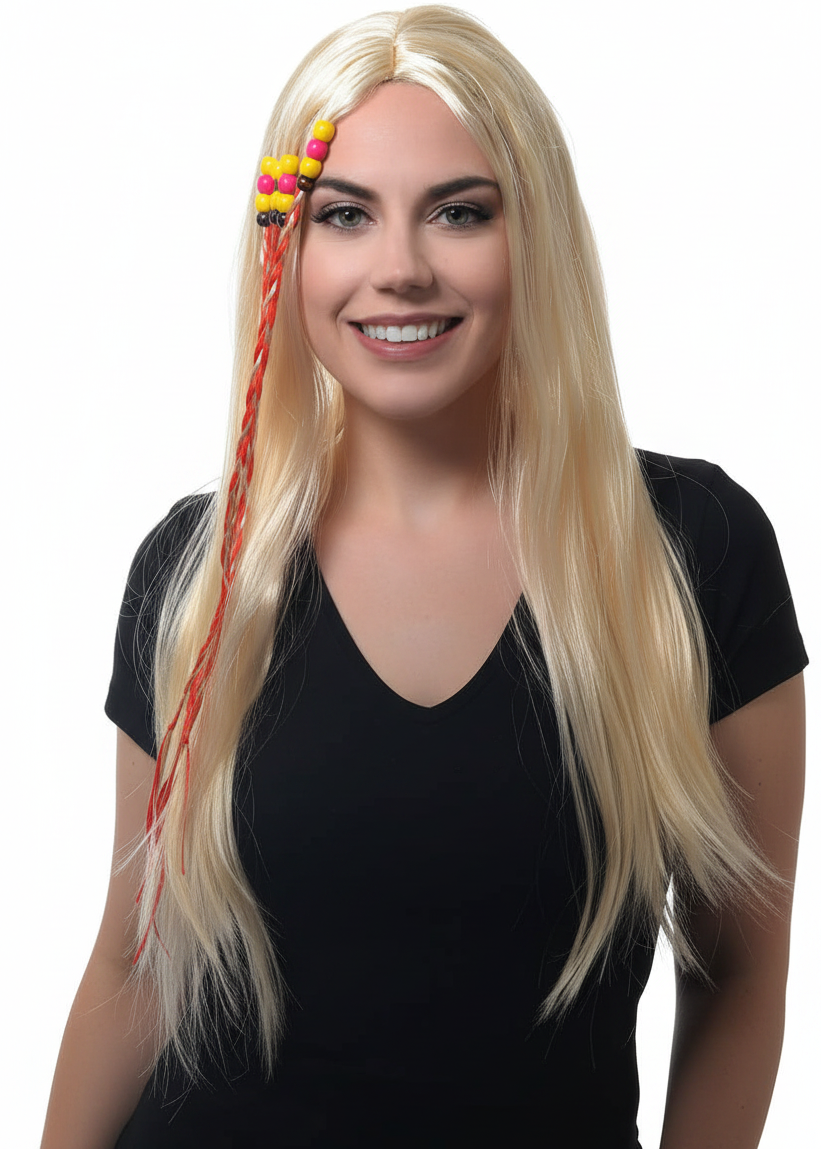 Long Blonde Women's 70s Beaded Hippie Costume Wig - Main Image