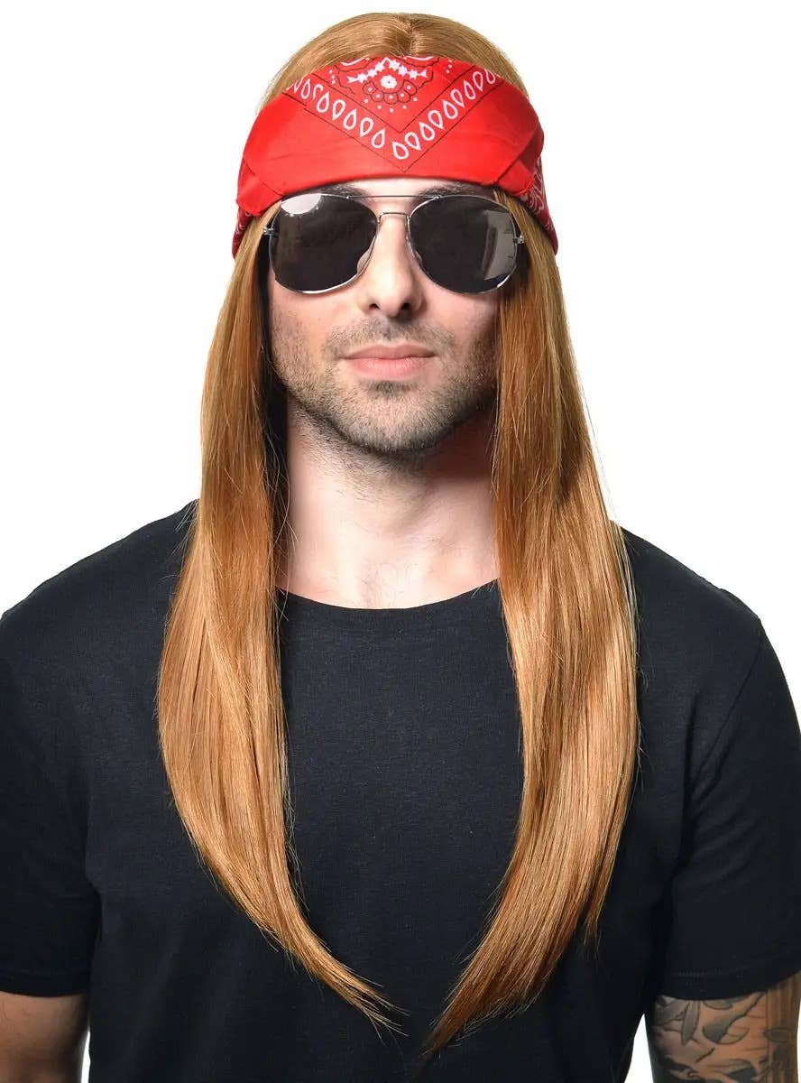 Men's Long Ginger Axl Rose Wig with Red Bandanna - Front Image