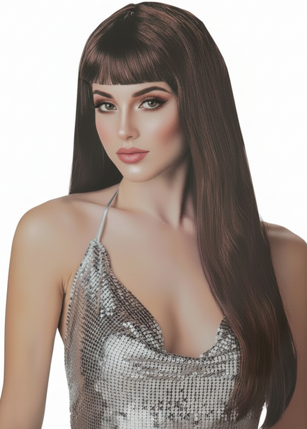 Women's Long Brown Straight Costume Wig with Fringe - Main Image