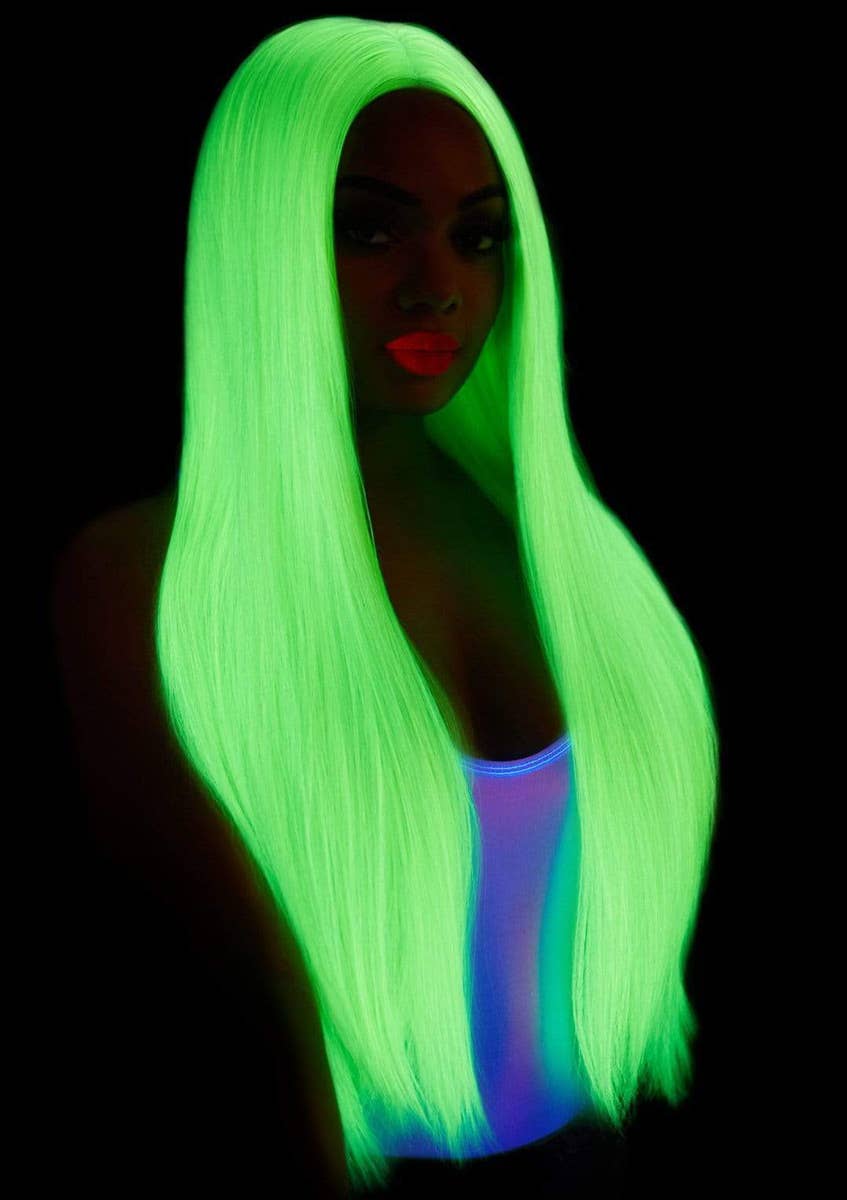 Women's Long Straight 83cm UV Reactive Neon Green Costume Wig Glow Image