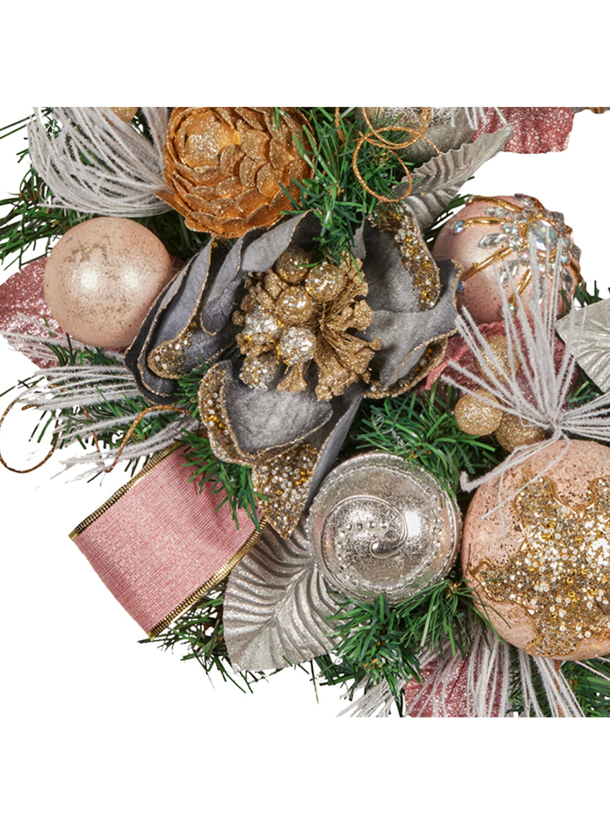 Lush Deluxe 56cm Christmas Wreath with Pink Baubles and Decorations - Close Image