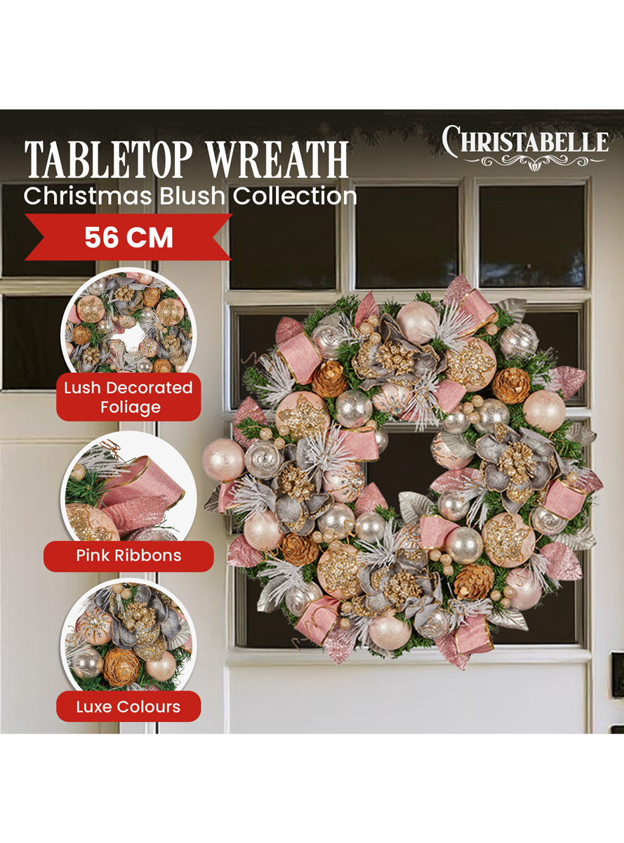 Lush Deluxe 56cm Christmas Wreath with Pink Baubles and Decorations - Info Image 1