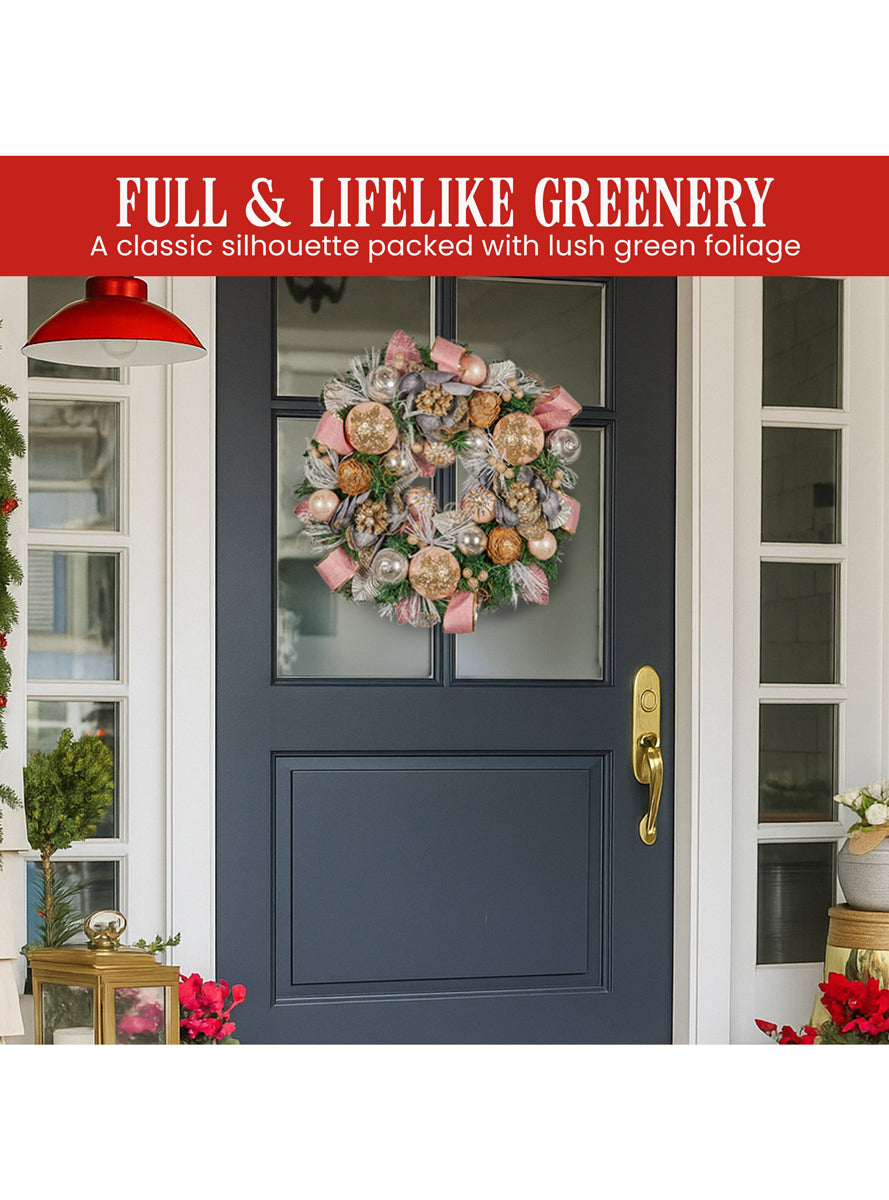 Lush Deluxe 56cm Christmas Wreath with Pink Baubles and Decorations - Info Image 2
