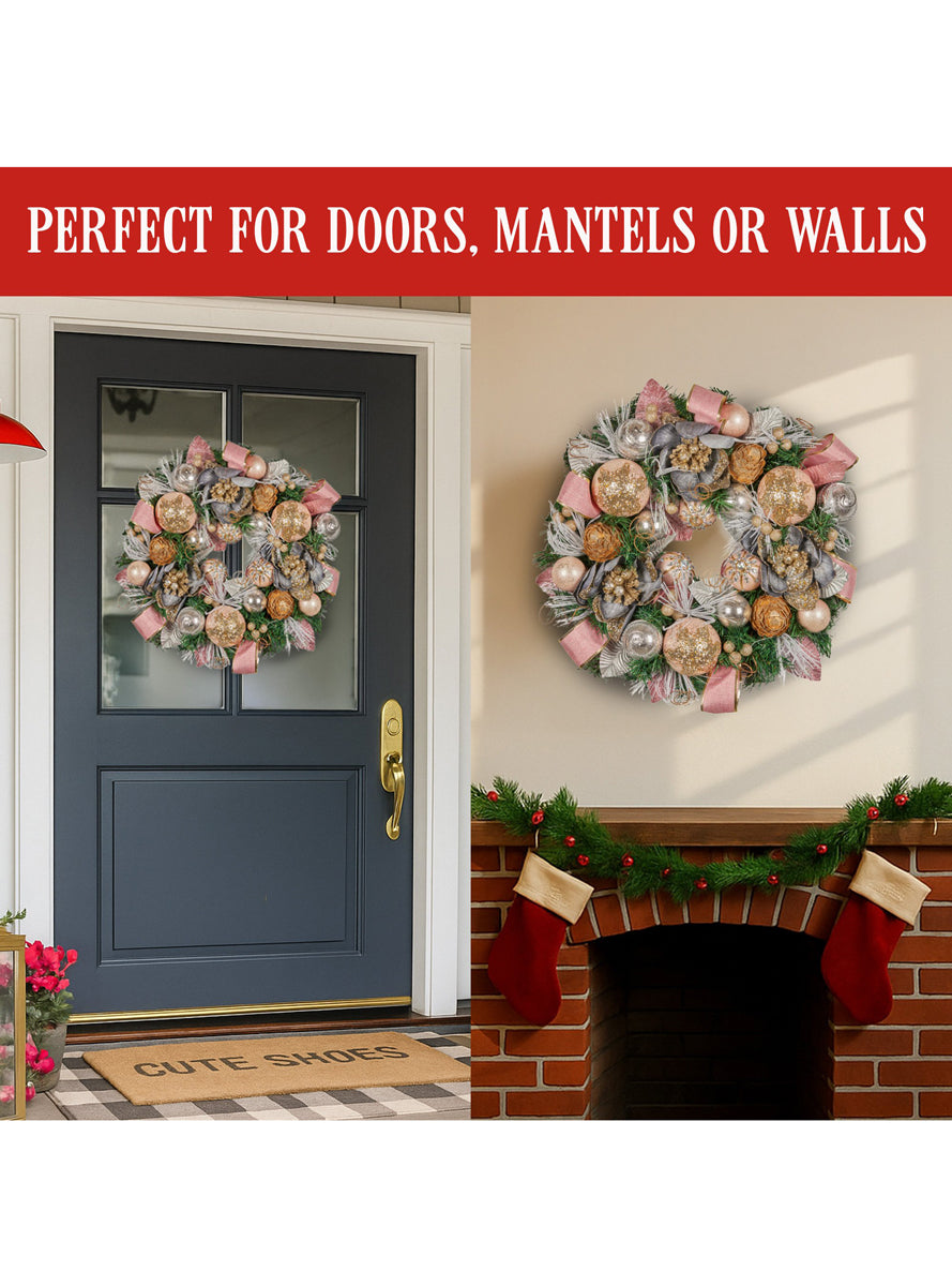 Lush Deluxe 56cm Christmas Wreath with Pink Baubles and Decorations - Info Image 4