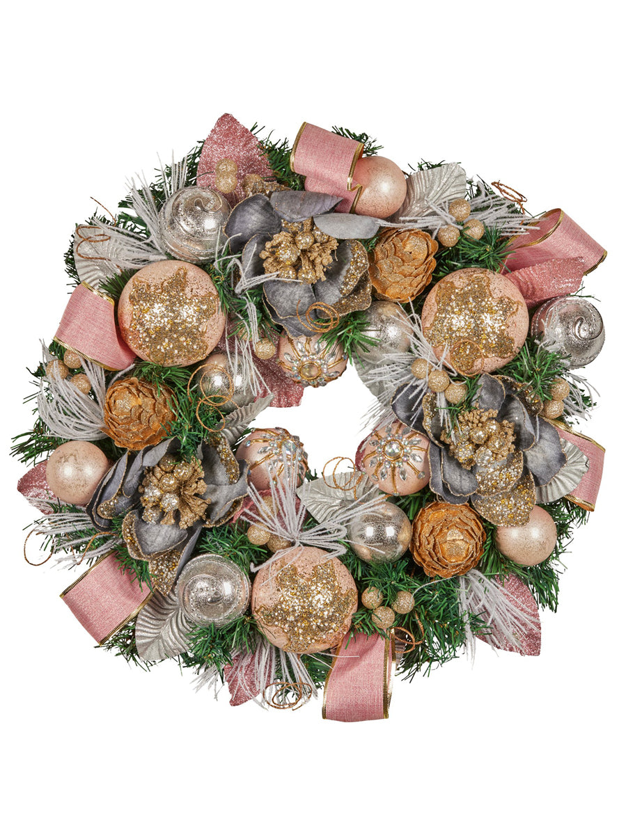 Lush Deluxe 56cm Christmas Wreath with Pink Baubles and Decorations - Main Image