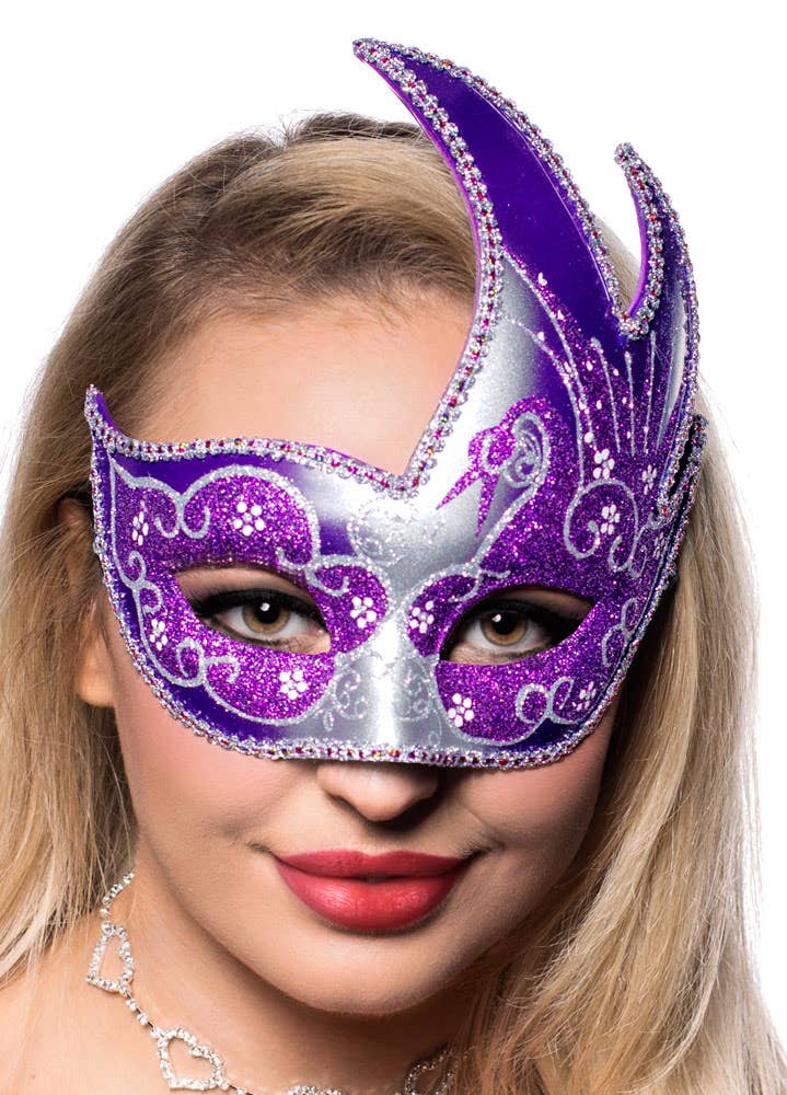Purple And Silver Women's Swan Masquerade Mask Main Image