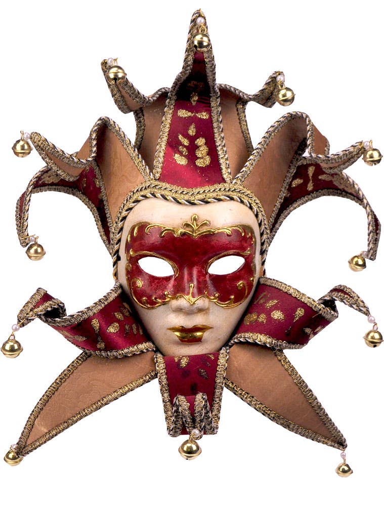Full Face Women's Deluxe Red Jester Venetian Mask Main Image