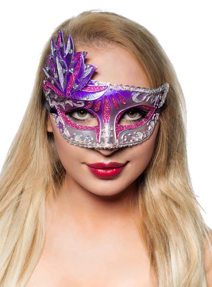 Purple And Silver Women's Side Overlay Masquerade Mask Main Image