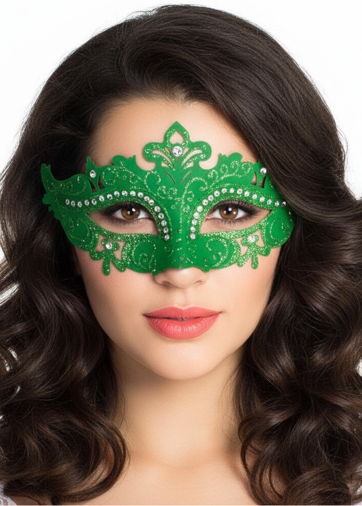 Green Womens Cut Out Masquerade Ball Mask with Rhinestones - Main Image