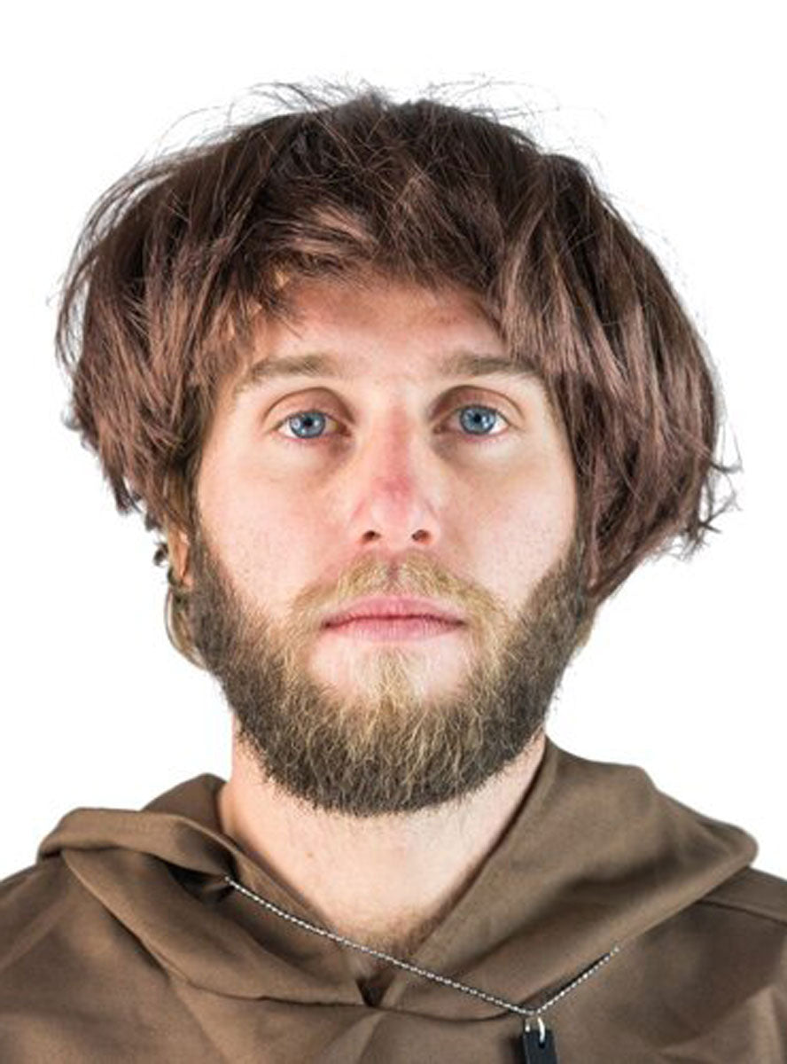 Mens Brown Medieval Monk Costume Wig With Bald Top Front Image